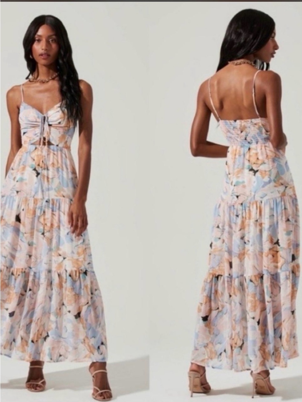 Floral Tie-Front Maxi Dress in Pastel Peach & Blue
